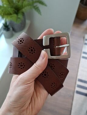 Chocolate Brown Leather Belt with Floral Laser-cut Detail & Silver Buckle (Med)